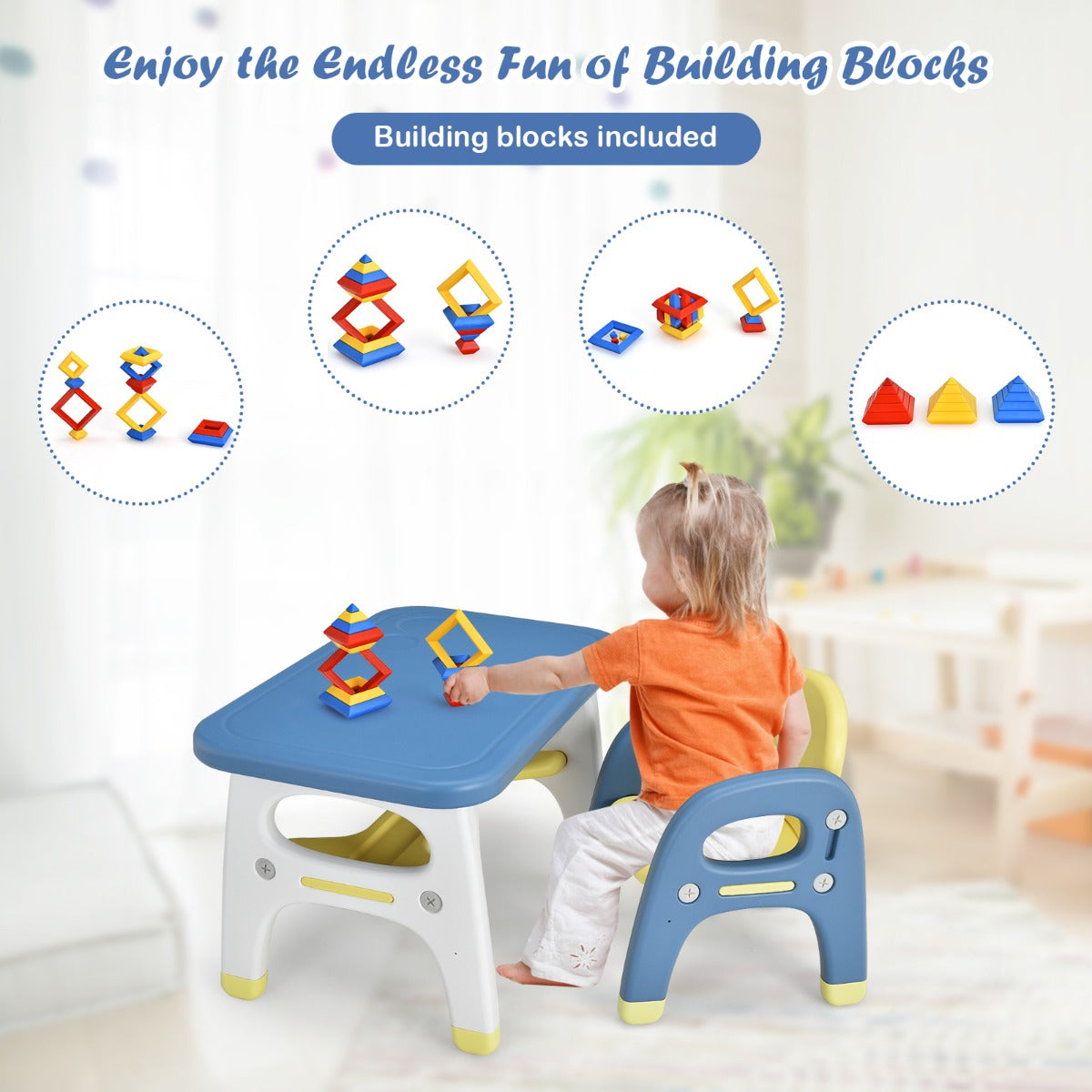 Kids Table and Chair Set with Cute Dinosaur Modeling and Storage Rack-Blue