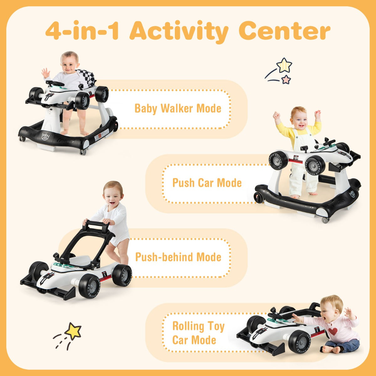 4-in-1 Foldable Activity Car Walker with Adjustable Height and Speed-White