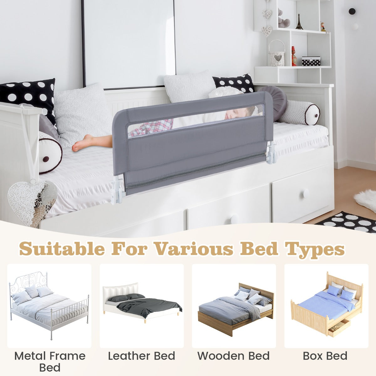 Costway Bed Rail Guard for Toddlers with Removable and Washable Cover-Grey