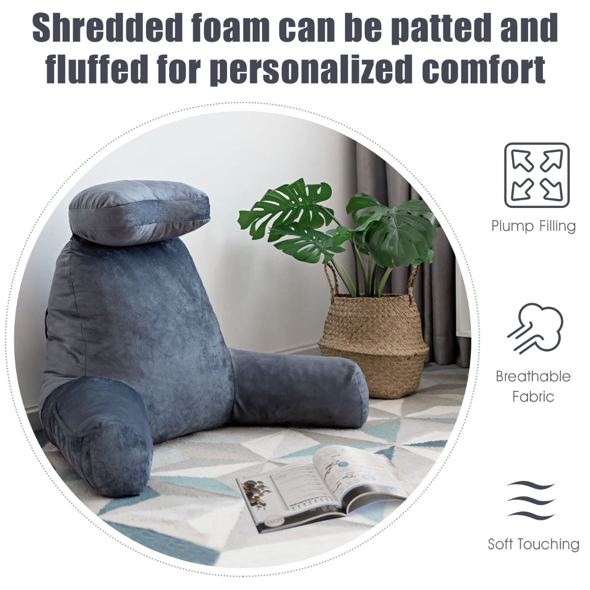 Big Bed Rest Reading Pillow with Support Arms Detachable Neck Roll-Grey
