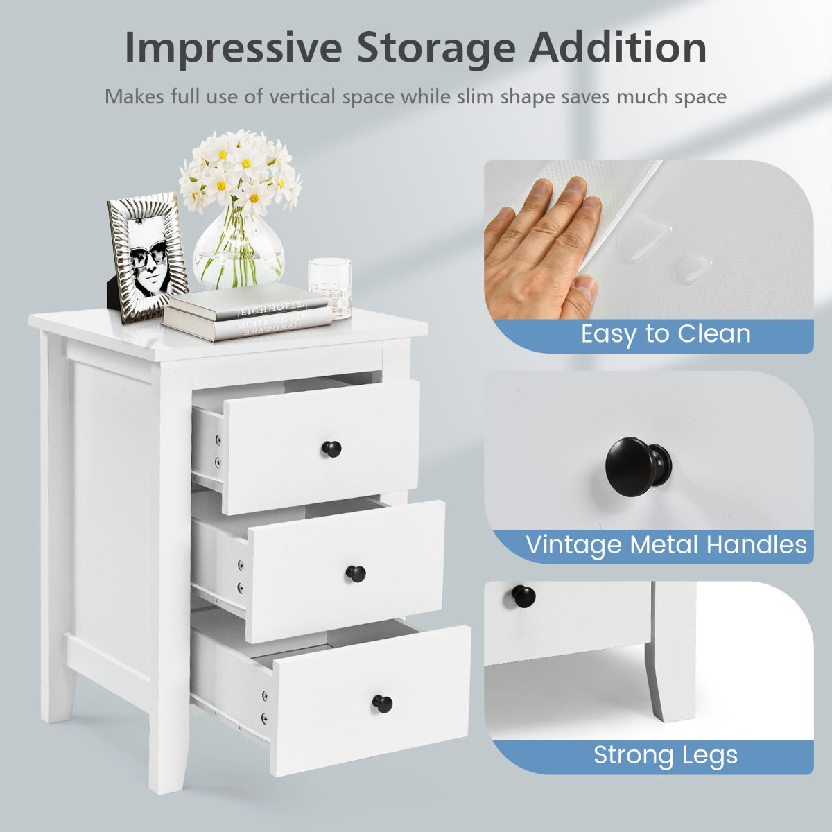Nightstand with Drawers 3 Drawers for Bedroom and Living Room-White