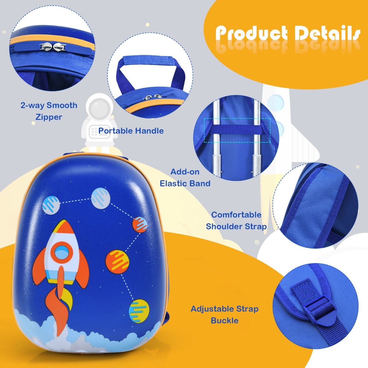 Two-way zippers and organized compartments make packing and unpacking simple for children
