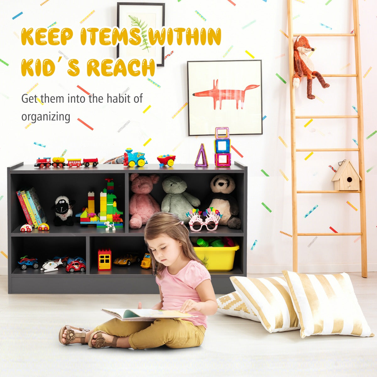 Easy-assembly children's bookcase with labeled boards, illustrated instructions, and versatile storage space