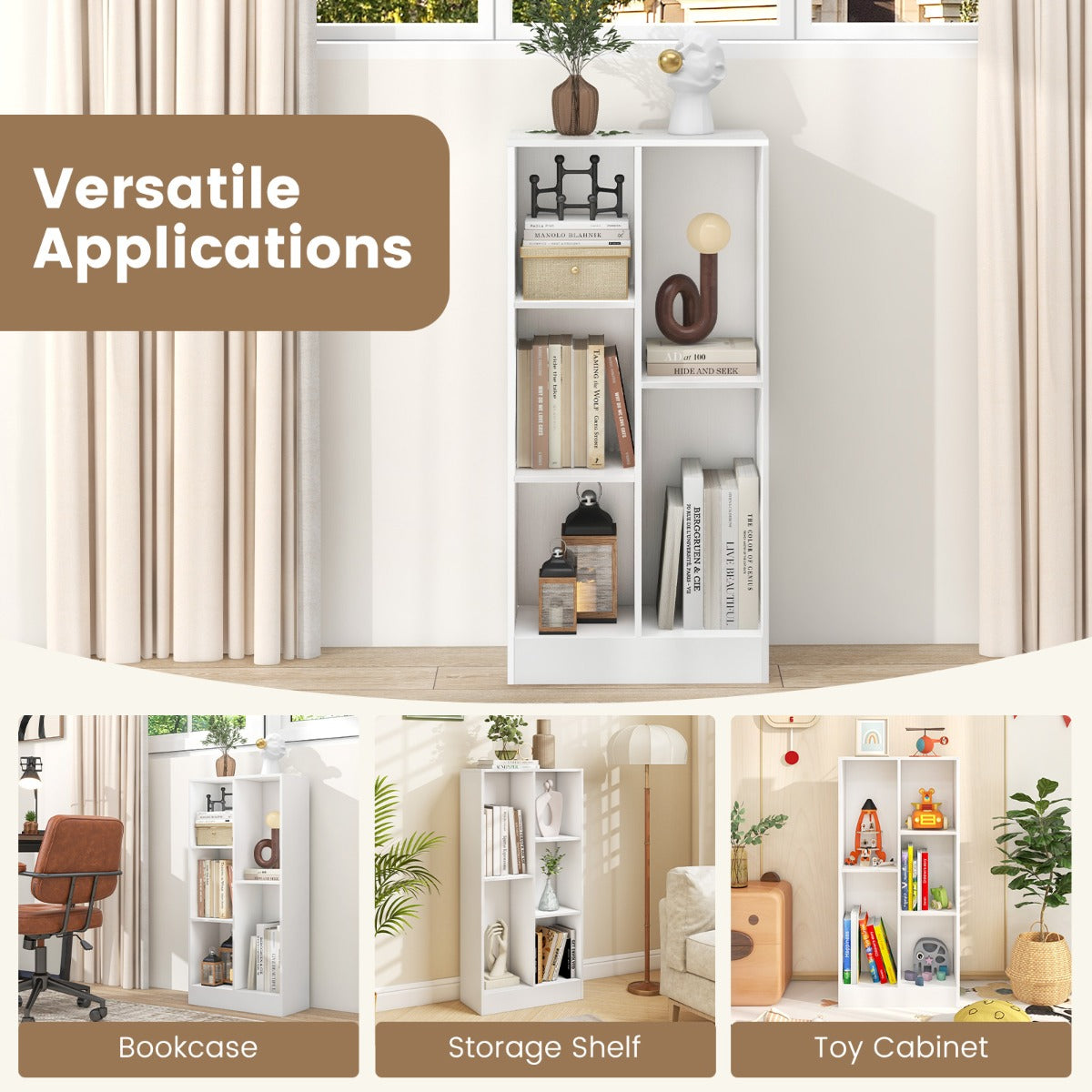 Costway 5-Cube Freestanding Storage Bookshelf with 2 Anti-Tipping Kits-White