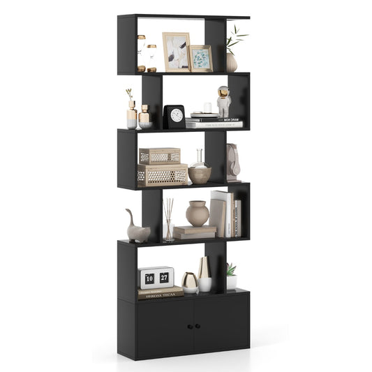 S-Shaped Bookshelf with Storage Cabiet for Living Room-Black