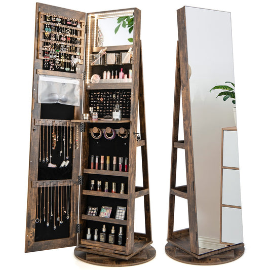Costway 161CM (H) Jewelry Armoire with 360° Swivel Full Length Mirror & LED lights-Brown