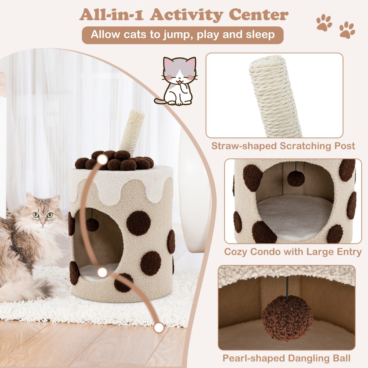 Two-step assembly makes this pre-assembled cat condo quick and simple to set up at home
