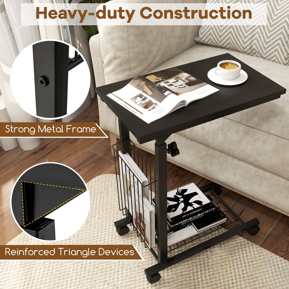 Mobile storage table keeps essentials close while maximizing space in compact living areas