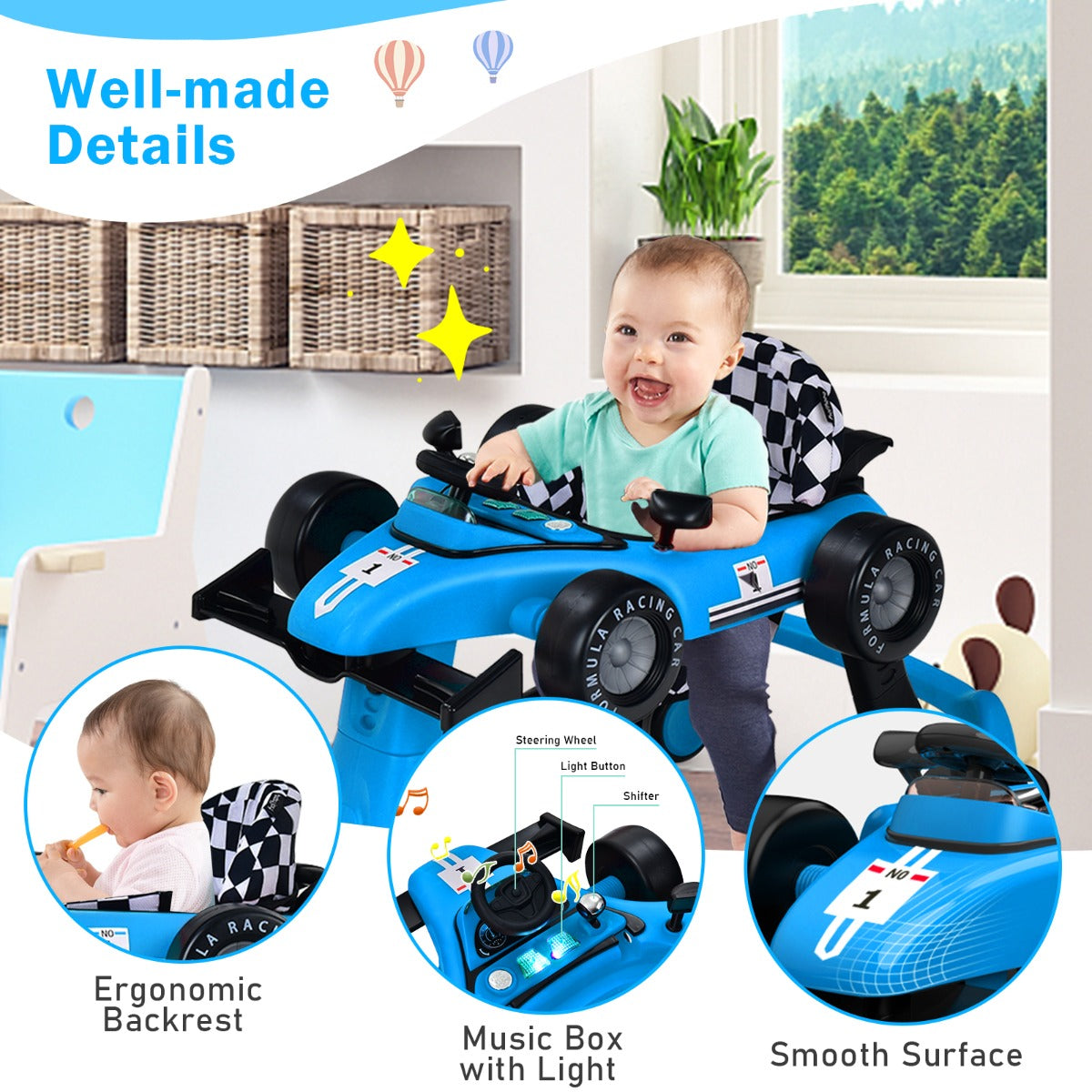 4-in-1 Foldable Activity Car Walker with Adjustable Height and Speed-Blue