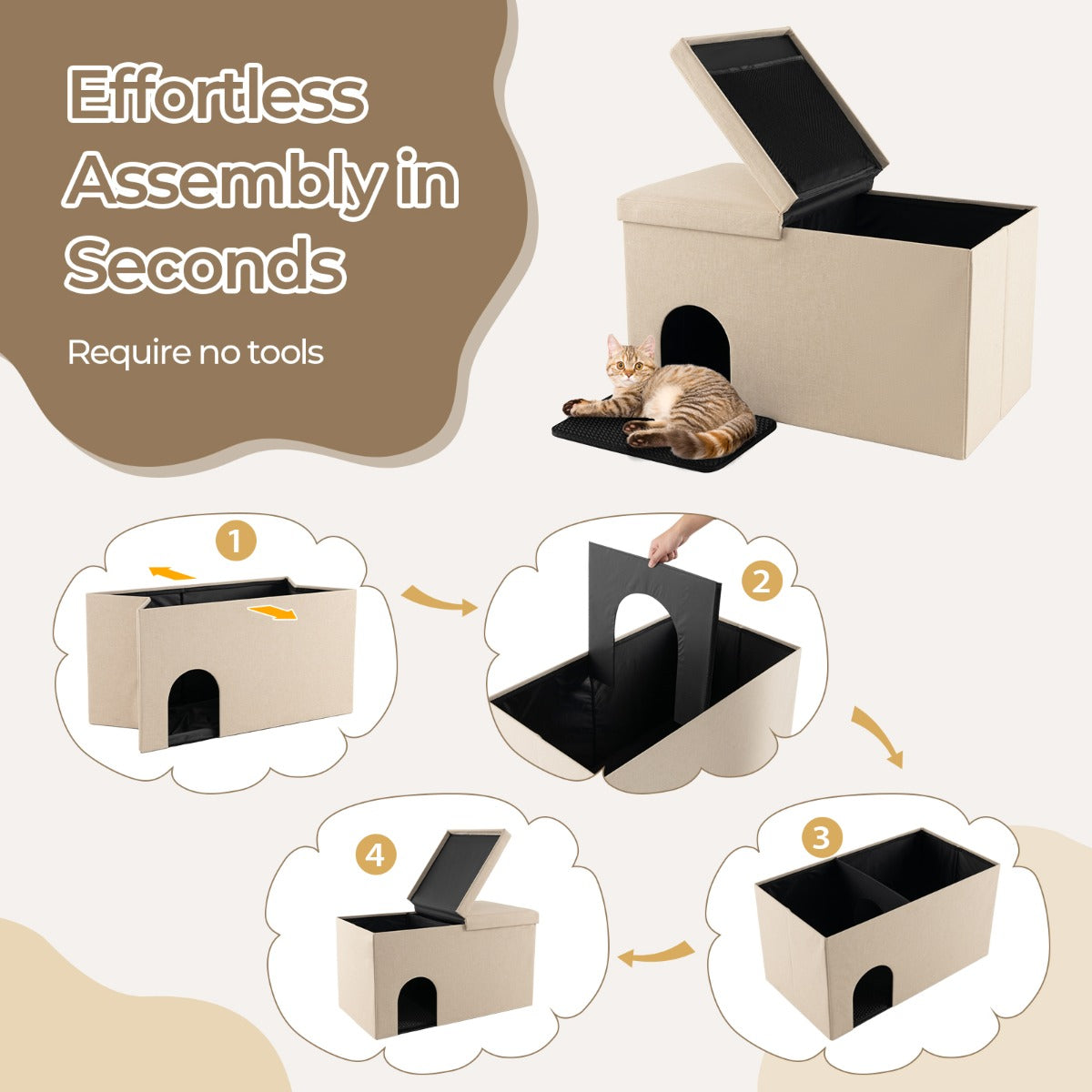 Tool-free cat litter box enclosure assembles quickly with the included detailed instructions