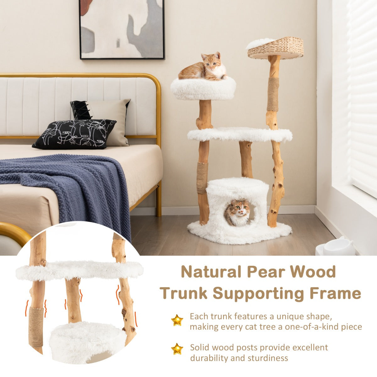 Hand-woven cattail cat perch provides a breathable, cool, and comfortable resting area