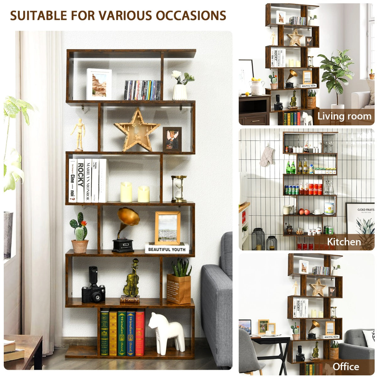 Costway 6-Tier Bookshelf with Anti-Tipping Device for Office