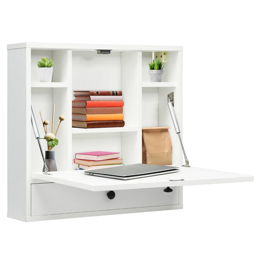 Space-saving floating desk folds closed to hide clutter and save valuable floor space
