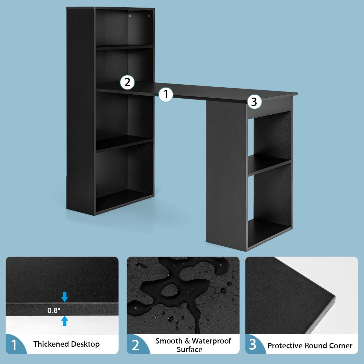 Modern 3-in-1 Wooden Computer Desk with 6-Tier Storage Bookshelves-Black