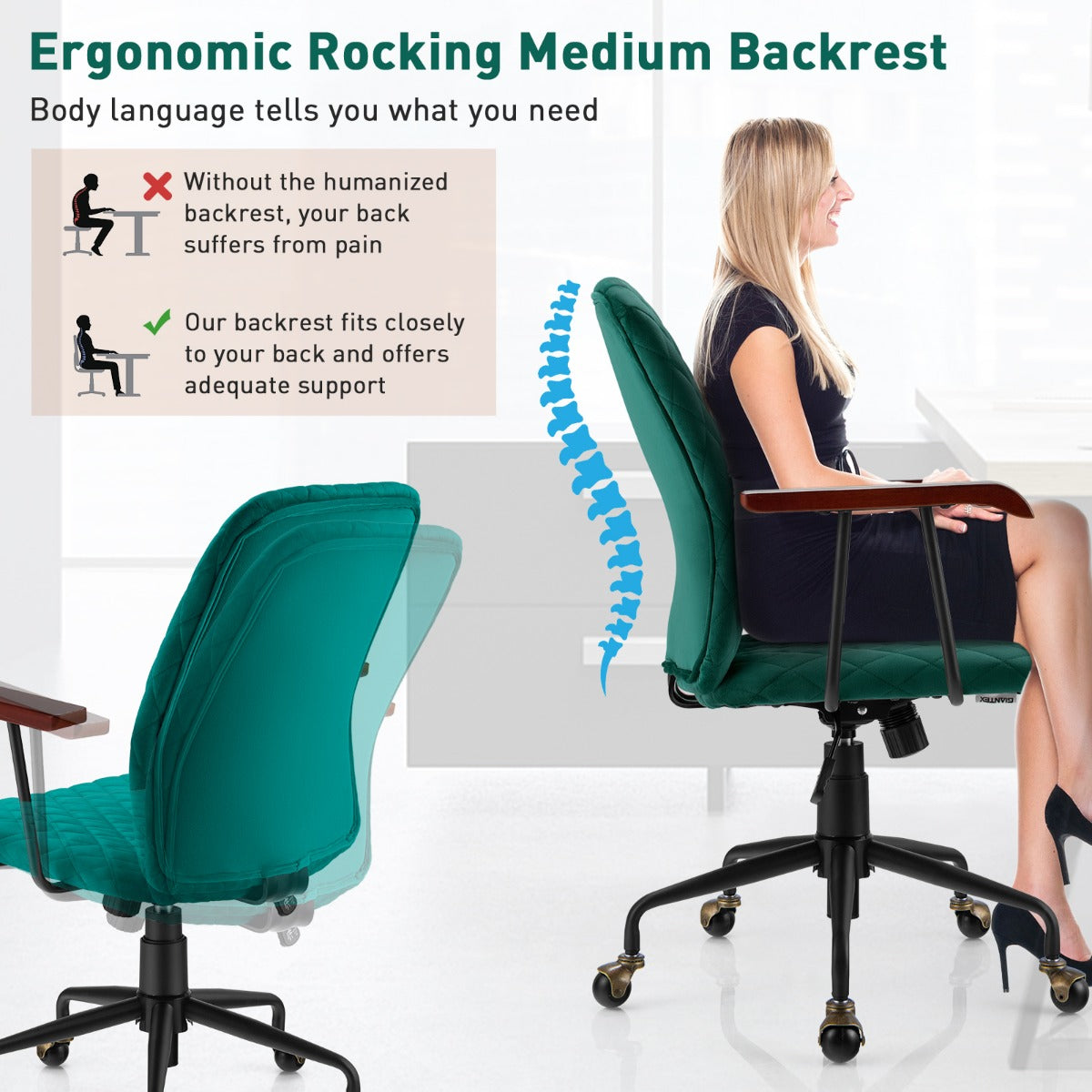 360-degree swivel seat makes multitasking and moving around the workspace quick and convenient