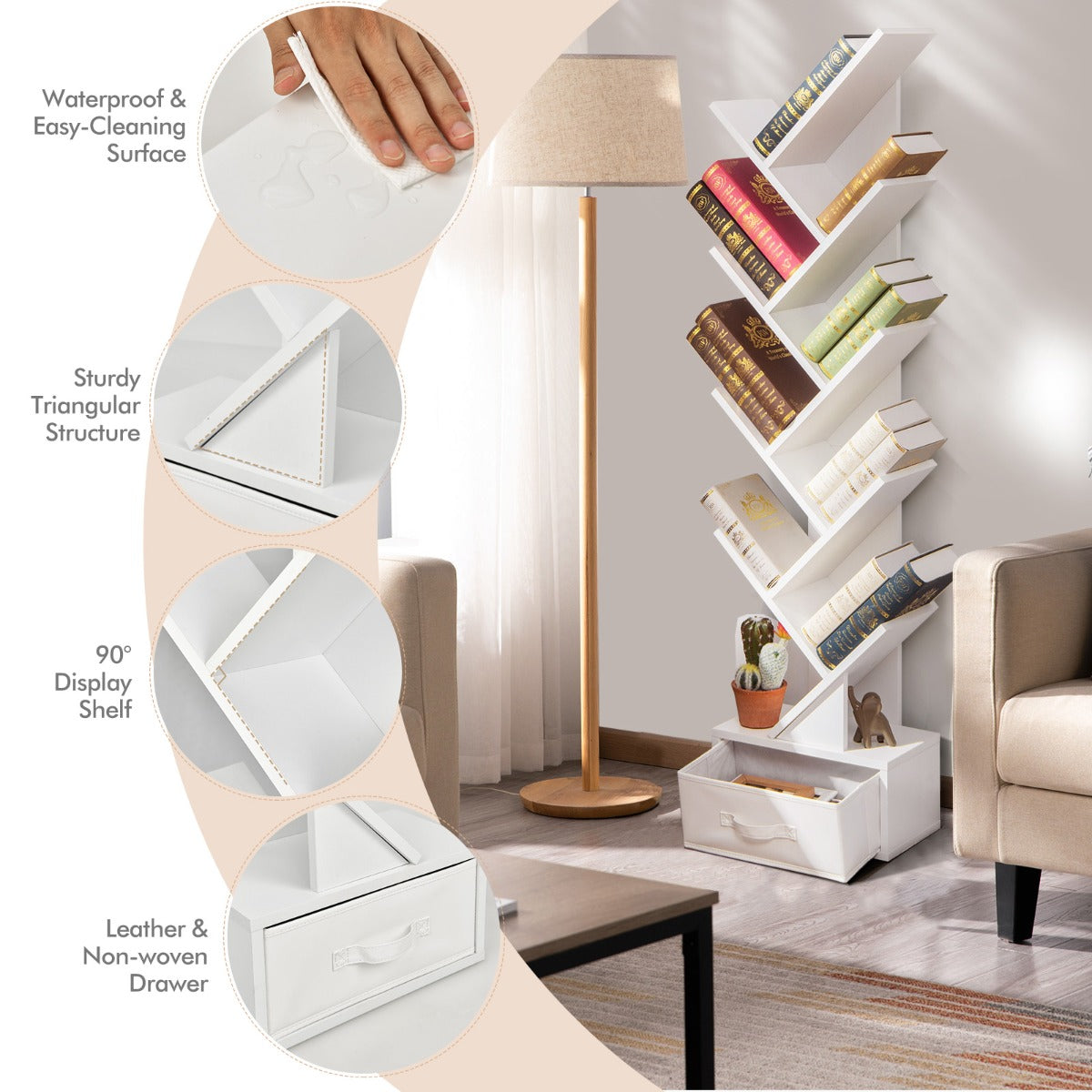 10-Tier Tree-Shaped Bookcase with Drawer, 1.5m Tall, Space-Saving Design