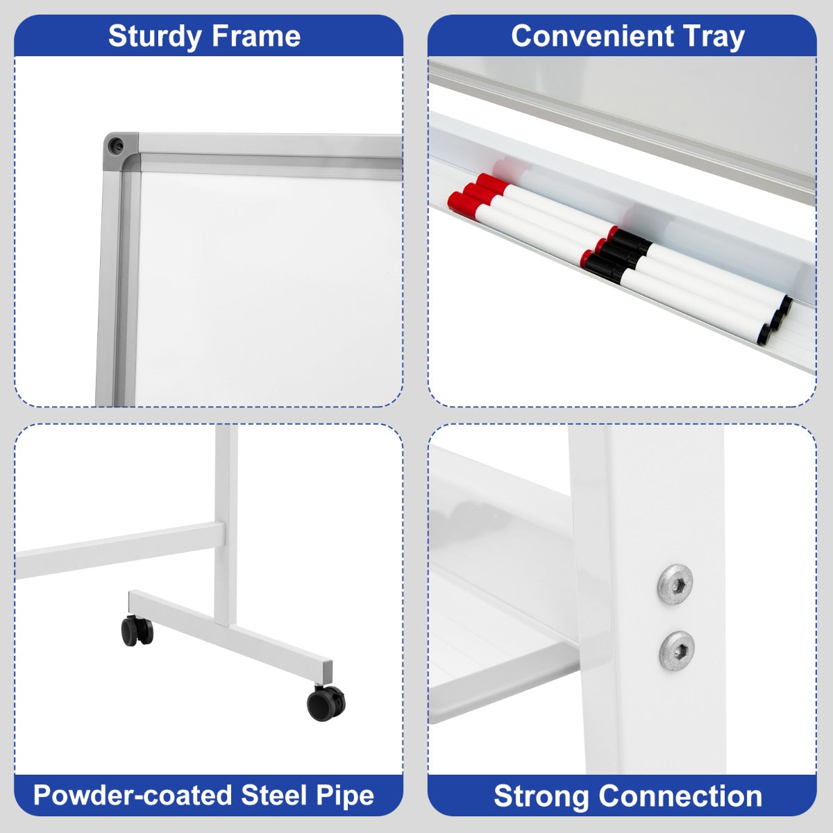 Double-Sided Magnetic Mobile Whiteboard with 6 Markers-White