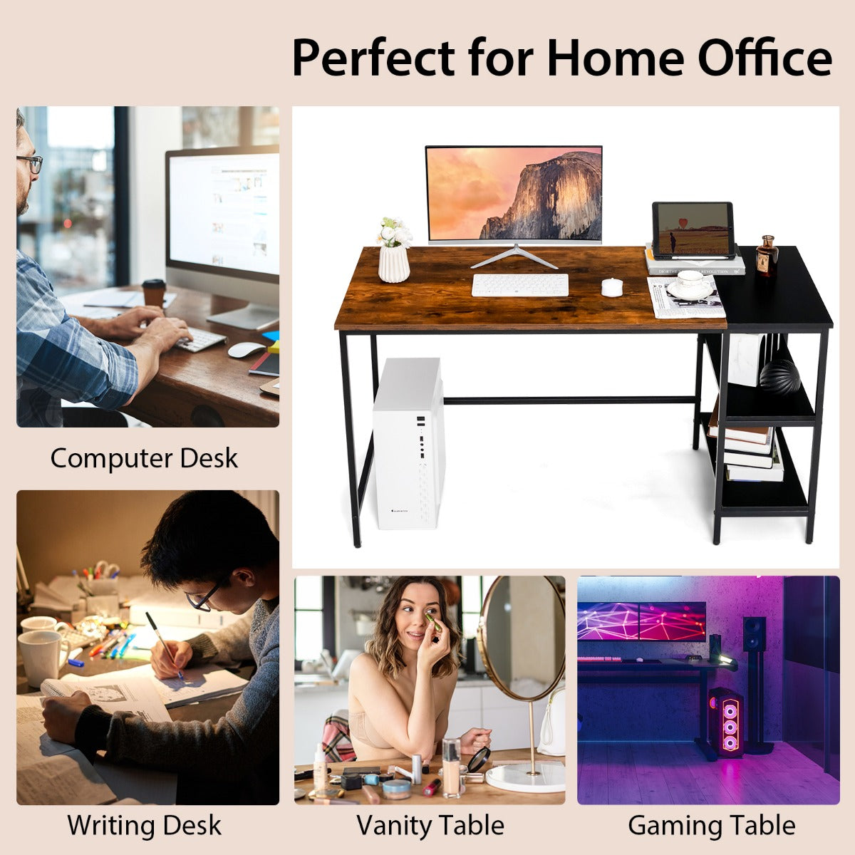 140CM Computer Desk with 2-tier Storage Shelves & Steel Frame-Brown