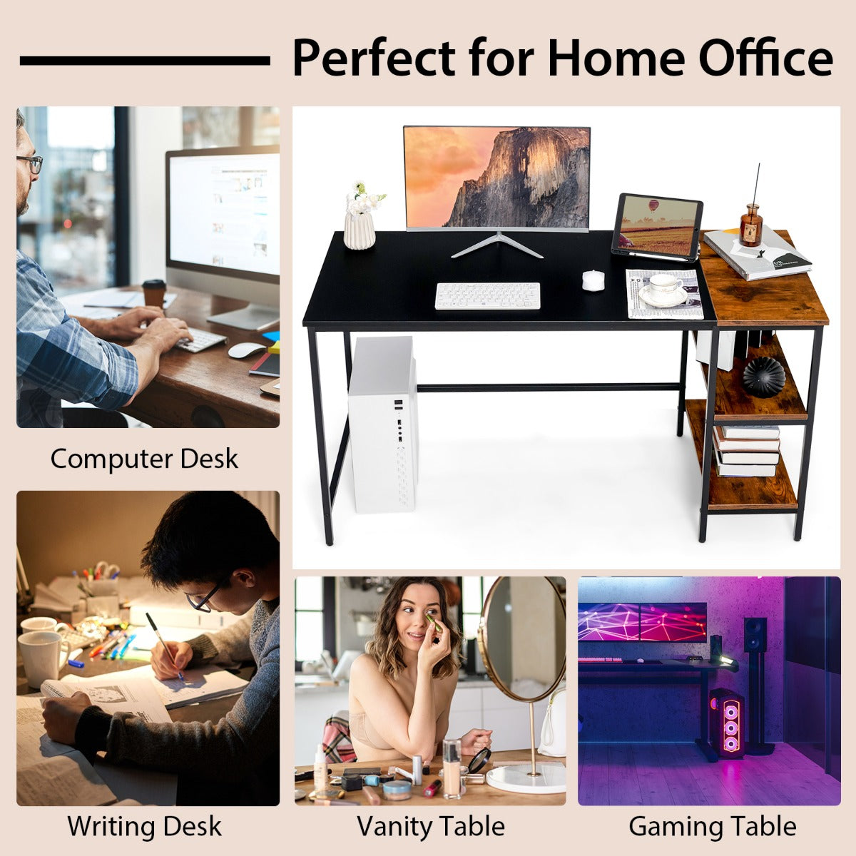 140CM Computer Desk with 2-tier Storage Shelves & Steel Frame-Black
