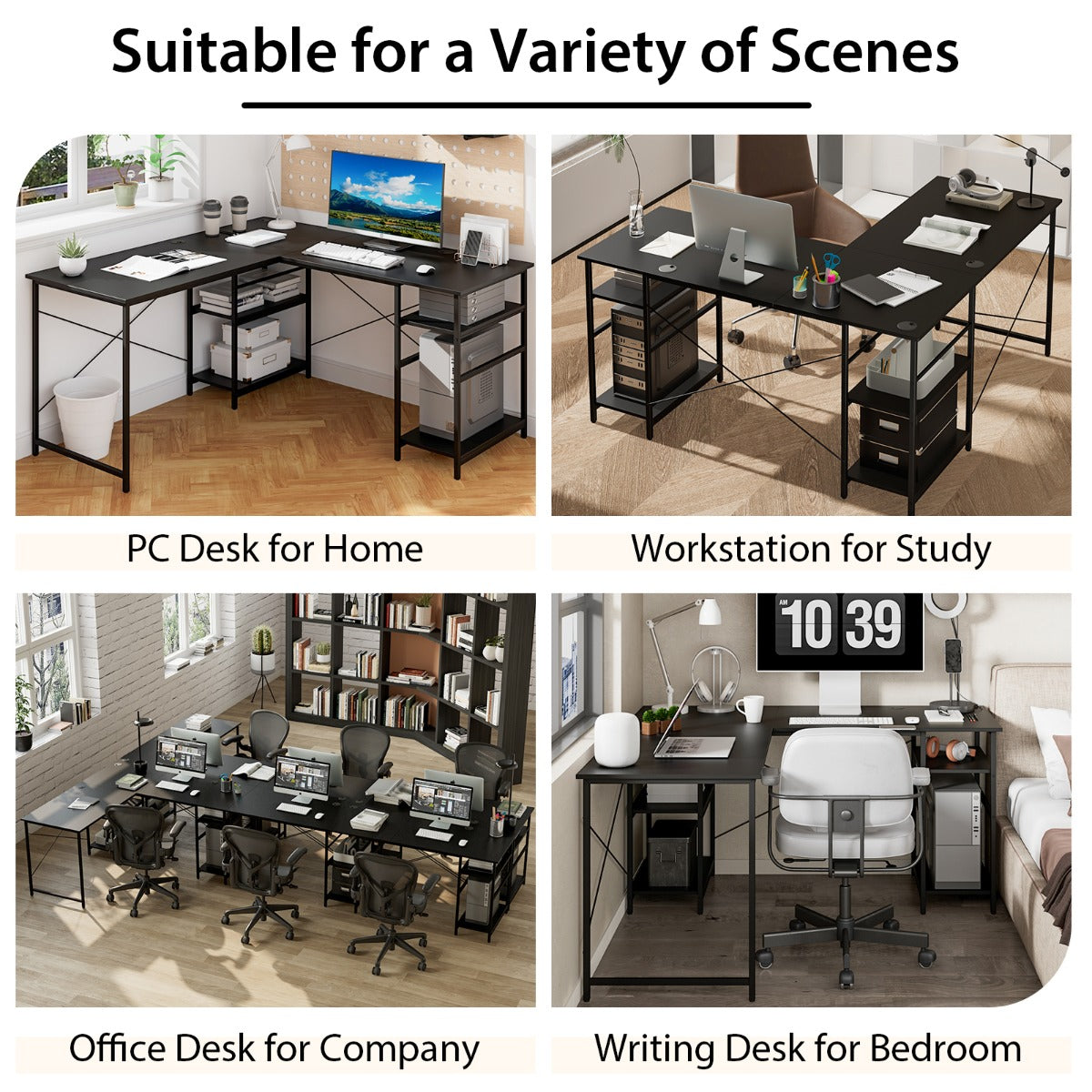 151CM Convertible L-shaped Computer Desk with 4 Storage Shelves for Home Office-Black