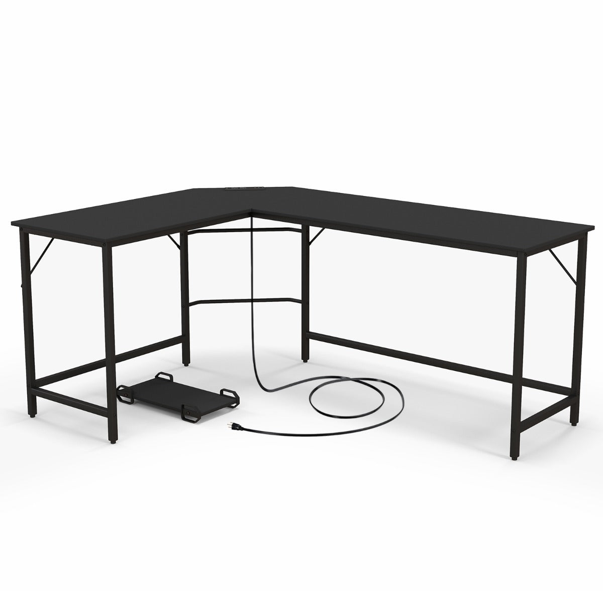 L-Shaped Desk with CPU Stand & Heavy-duty Metal Frame-Black