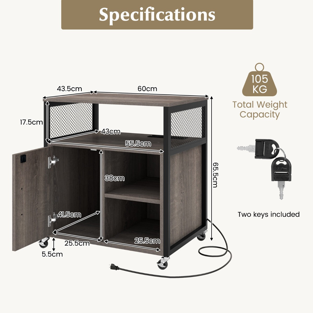 Mobile office cabinet with cable management hole keeps charging wires neat and organized