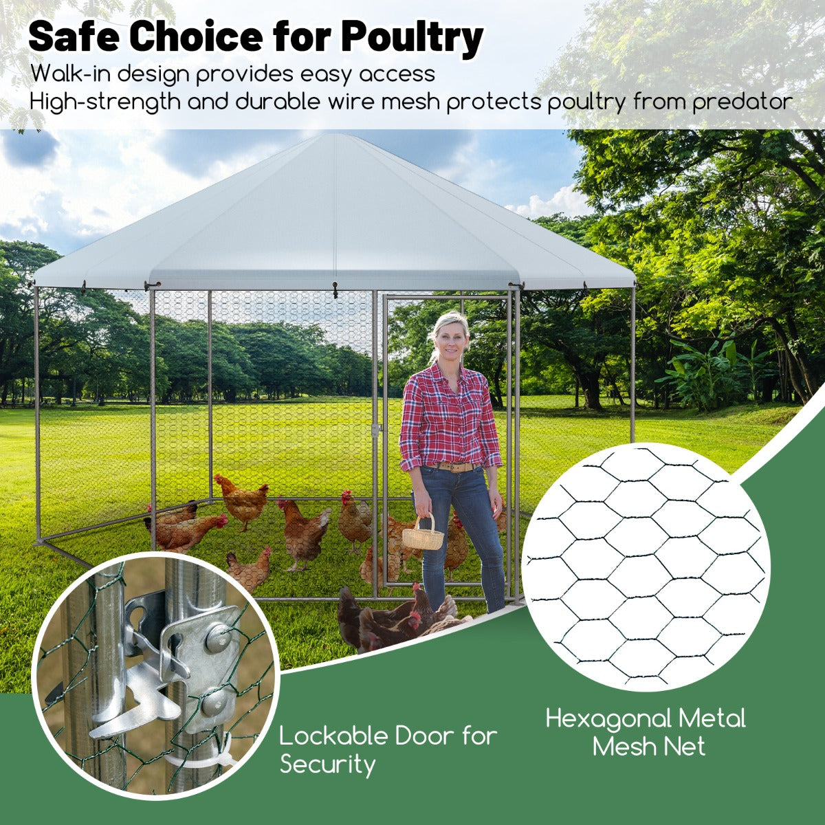 Costway Chicken Run House Spire-shaped Cage with Wire Mesh and Lockable Door for Duck, Goose, Rabbit