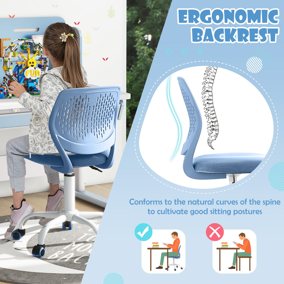 Compact children’s task chair combines ergonomic support, adjustable height, breathable materials, and mobility
