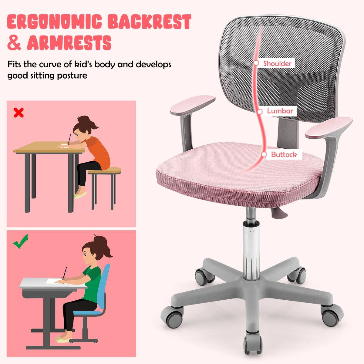 Costway Children Study Computer Chair with Adjustable Height, Lumbar Support for Home, School, Office -Pink