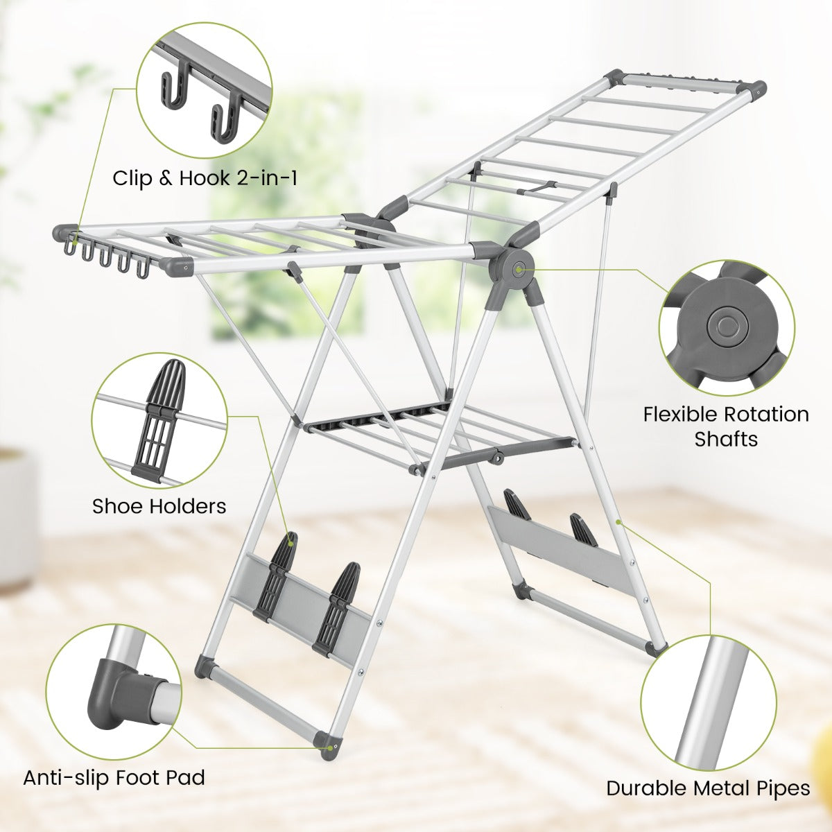 Costway 2-Layer Aluminum Folding Laundry Drying Rack with 5-Level Adjustable Height