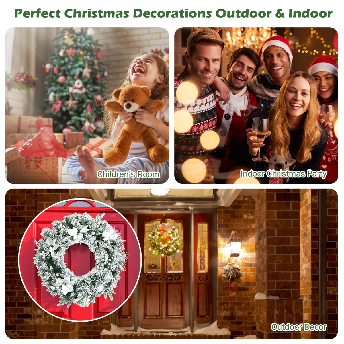 0.6M Pre-Lit Christmas Wreath with 50 LEDs & Lifelike Flowers for Decoration