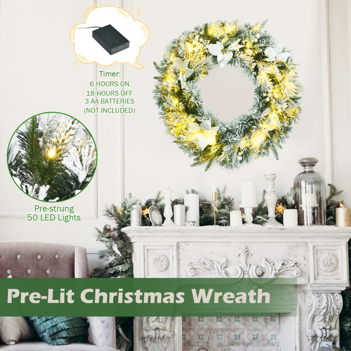 0.6M Pre-Lit Christmas Wreath with 50 LEDs & Lifelike Flowers for Decoration