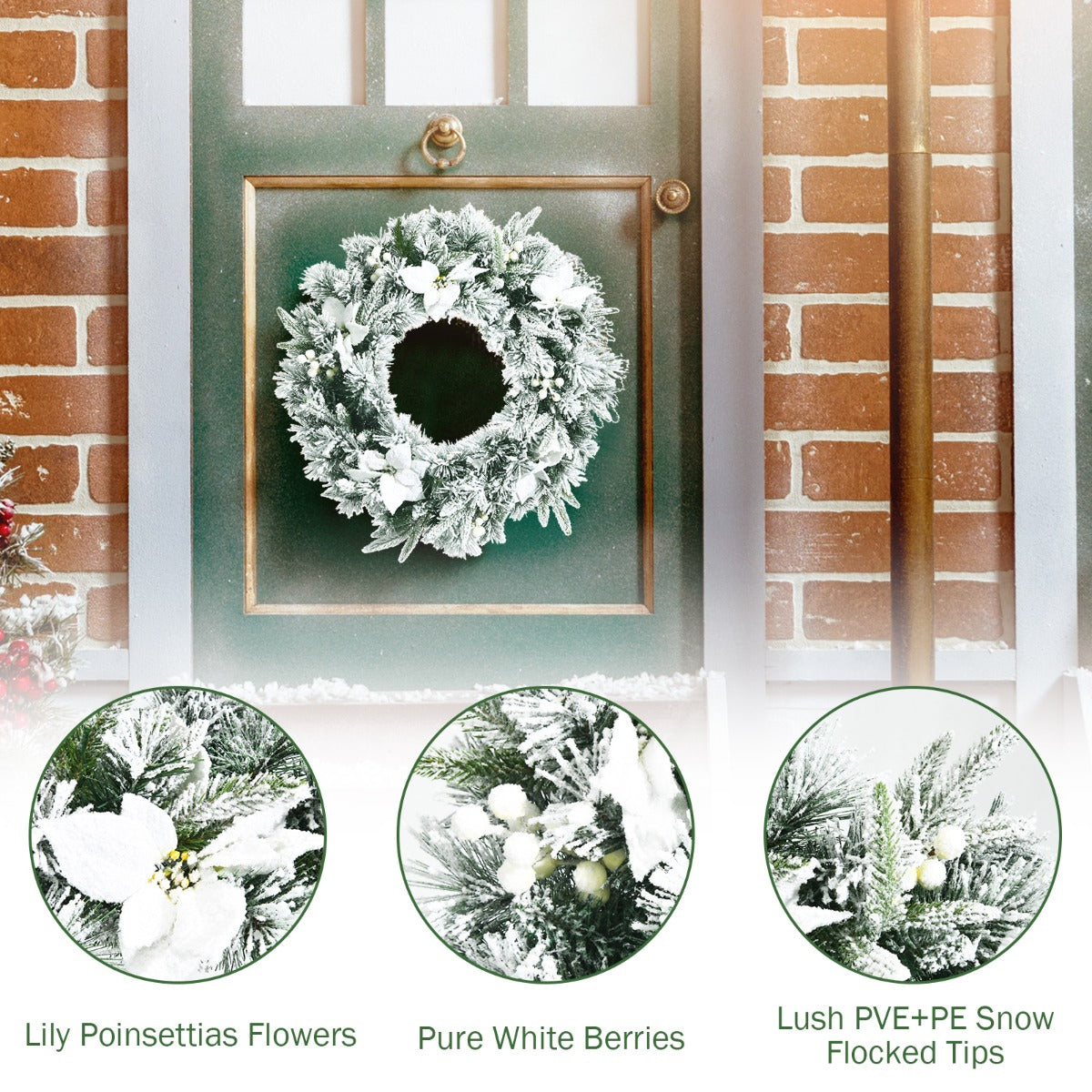 0.6M Pre-Lit Christmas Wreath with 50 LEDs & Lifelike Flowers for Decoration