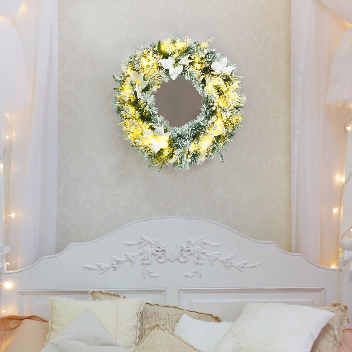 0.6M Pre-Lit Christmas Wreath with 50 LEDs & Lifelike Flowers for Decoration