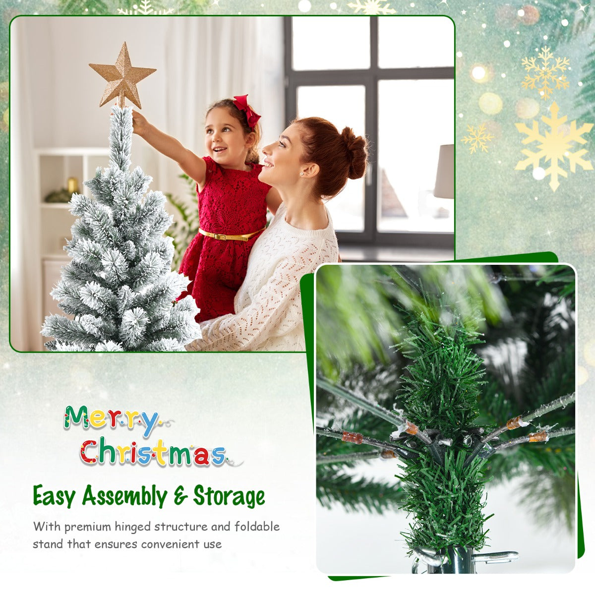 1.5M Pre-lit Snow Flocked Christmas Tree with 9 Lighting Modes & Remote Control