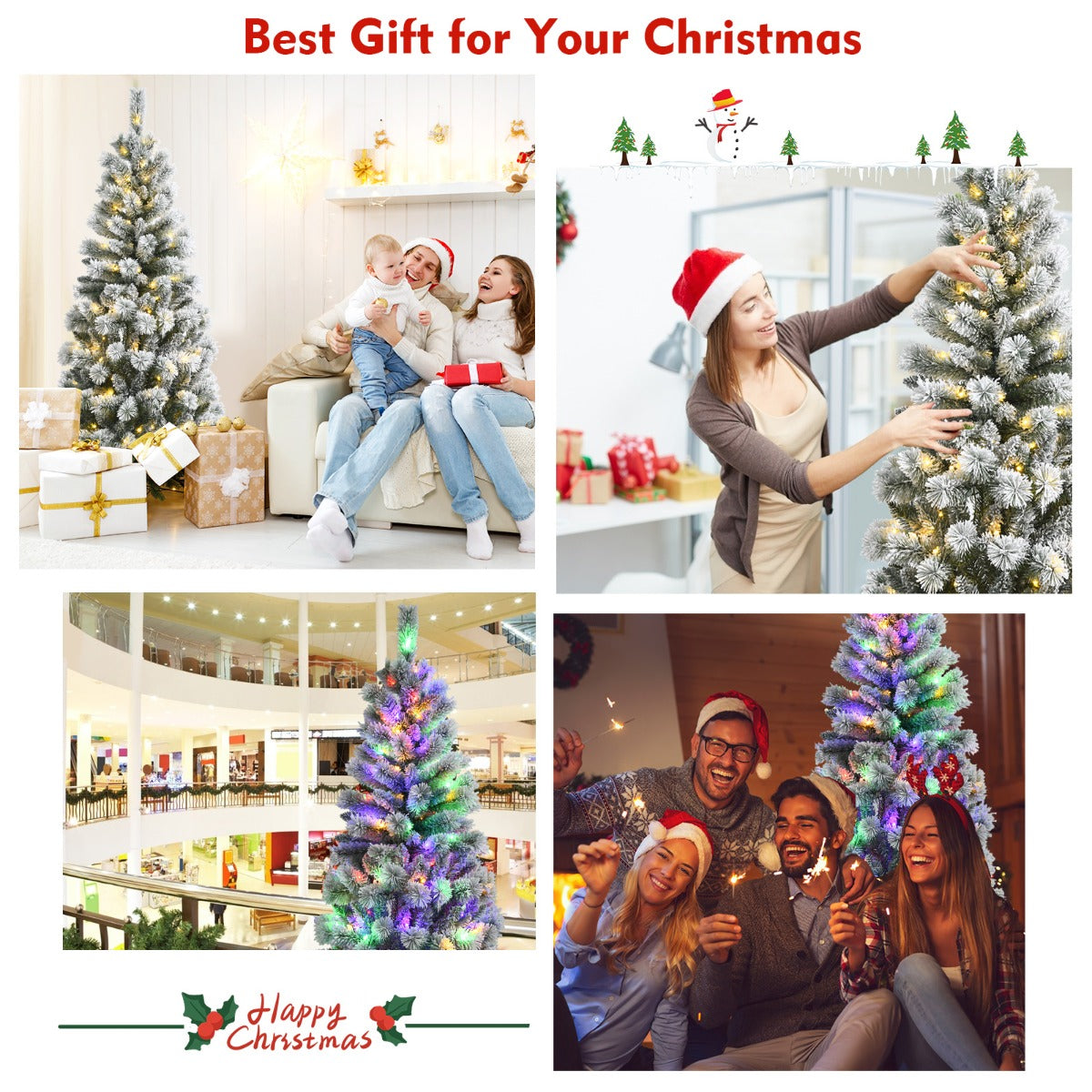 1.8M Pre-lit Snow Flocked Christmas Tree with Remote and Colorful LED Lights
