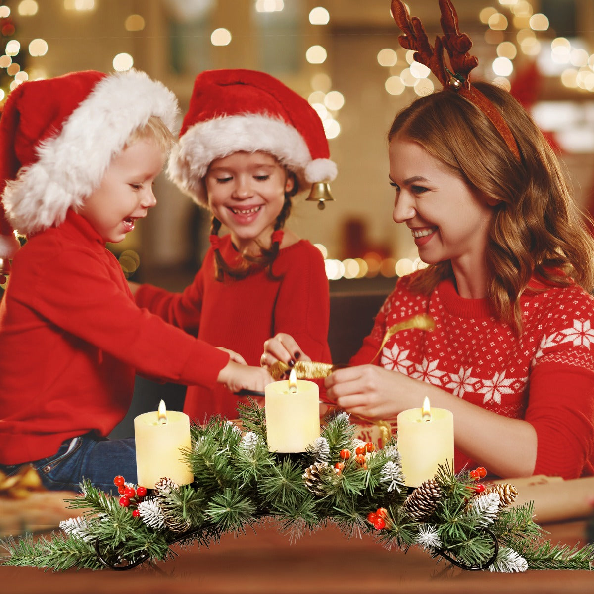 Stable no-assembly candle centerpiece enhances holiday ambiance while displaying multiple candles