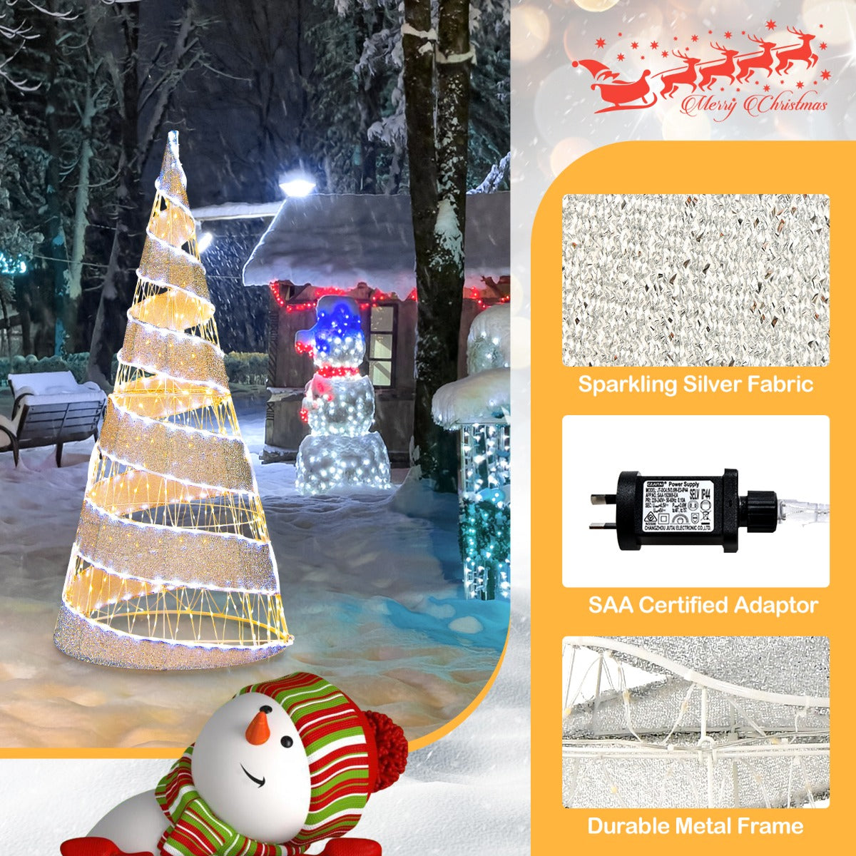 155cm Pre-lit Christmas Cone Tree with Warm & Cold White LED Lights