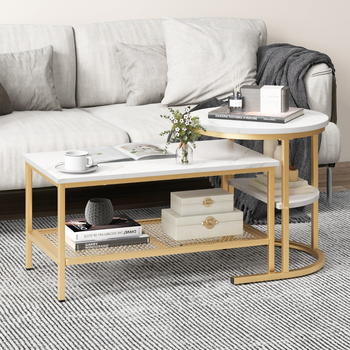 Easy-assemble coffee table set includes numbered parts and detailed instructions for quick installation