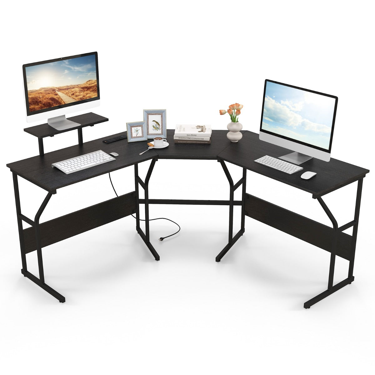 L-shaped computer desk with removable monitor stand, built-in outlets and USB charging ports for work