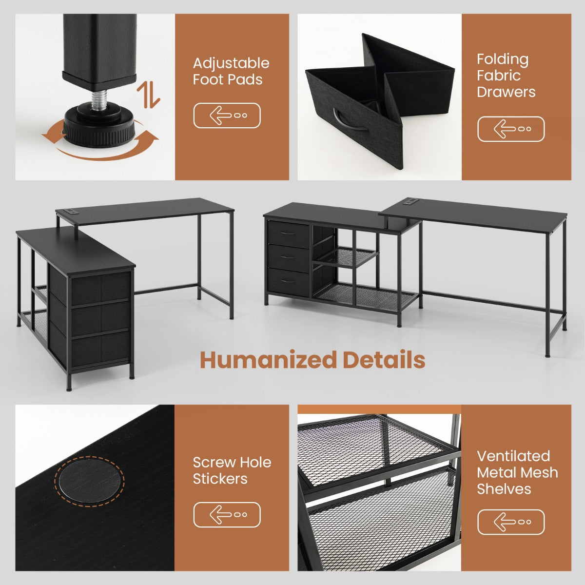 Costway L-shaped Computer Desk with Power Outlet for Working