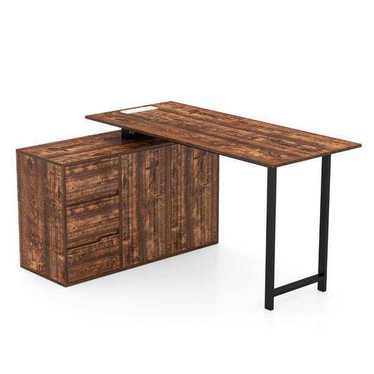 L-Shaped Computer Desk with File Cabinet and Power Outlet-Rustic Brown