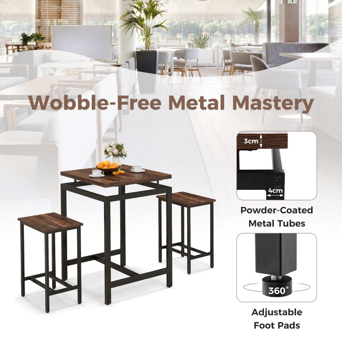Versatile table and stool set combines industrial style comfort and practical space-saving design