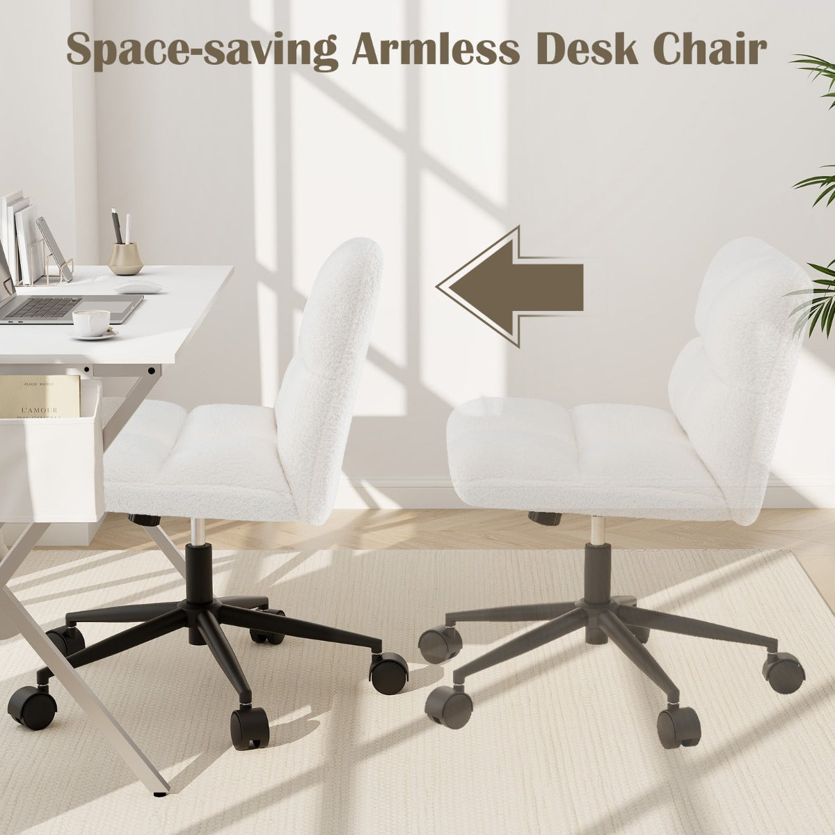 Costway Upholstered Home Office Chair with Padded Seat and Wheels-Beige