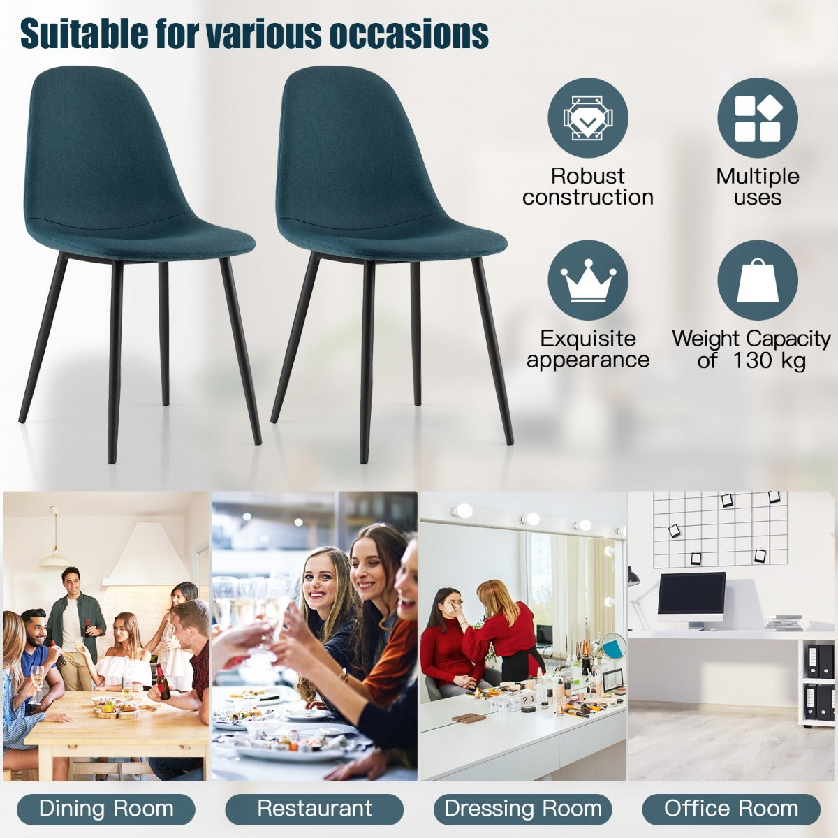 Two dining chairs measure 44 x 53.5 x 86 cm and include a comfortable 48.5 cm seat height