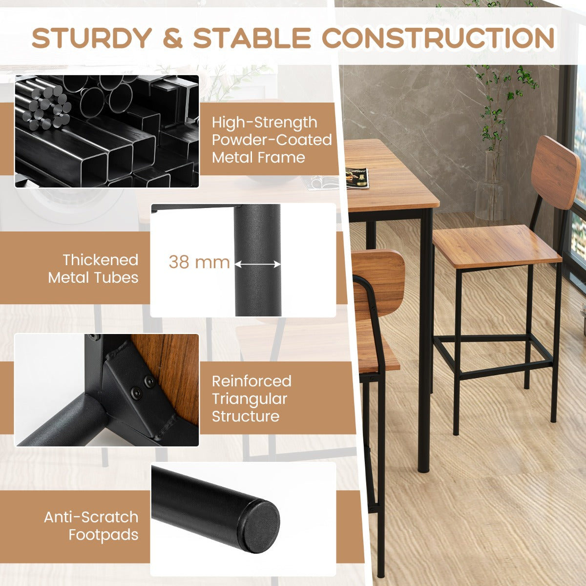 Costway 5 Pieces Industrial Dining Set Bar Counter Height Table and 4 Stools-Brown