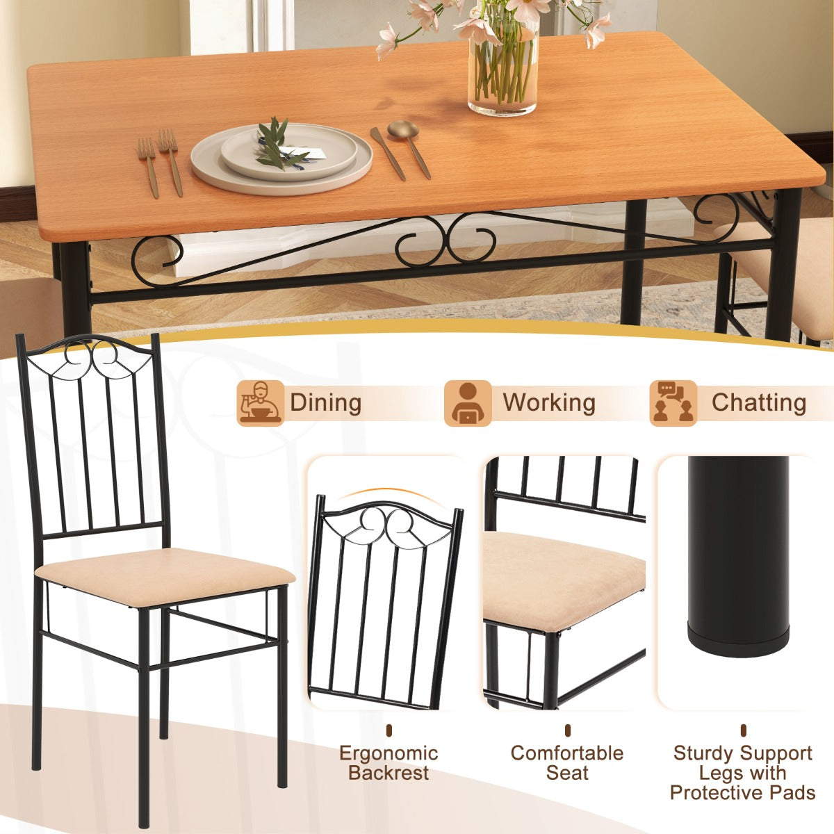 Smooth tabletop surface makes cleaning after meals quick and convenient