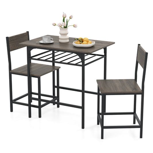 Dining Table Set 3-Piece Wood Rectangular Table and Chair Set for 2-Grey