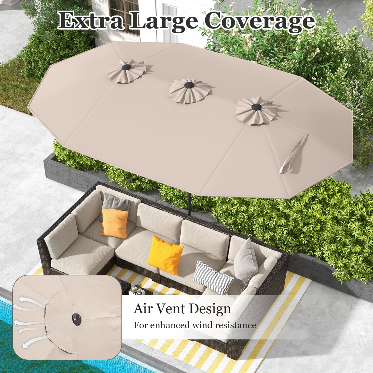 470 cm by 280 cm market umbrella provides broad coverage for residential and commercial seating areas