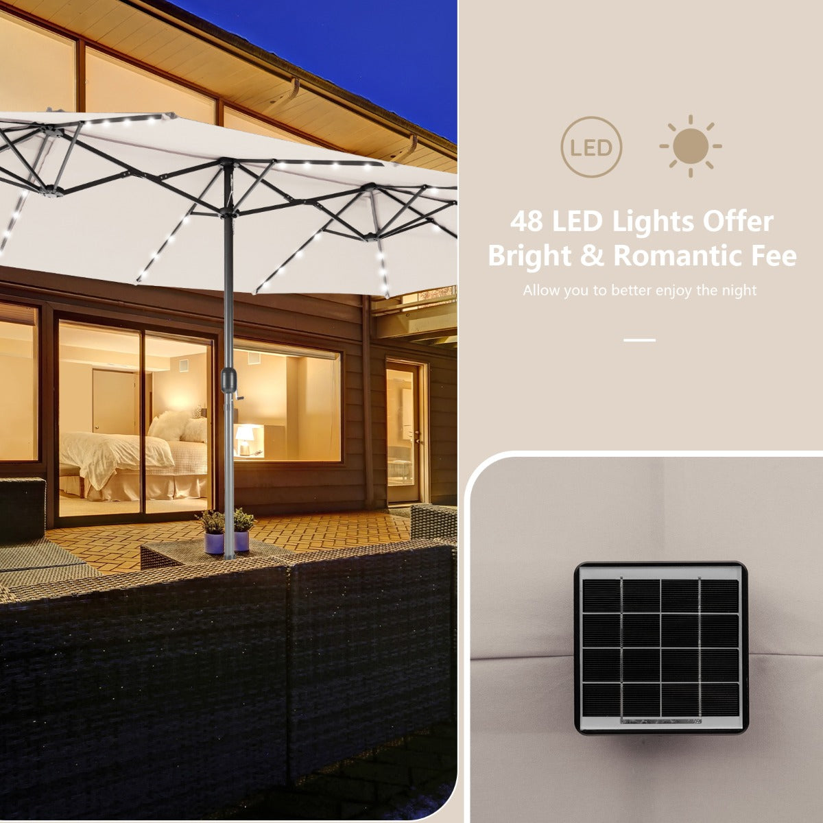 Large solar market umbrella with weighted base is ideal for yards, lawns, gardens, and outdoor lounges